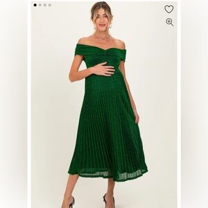 Pink blush maternity Forest Green Shimmer Off Shoulder Pleated Midi Dress